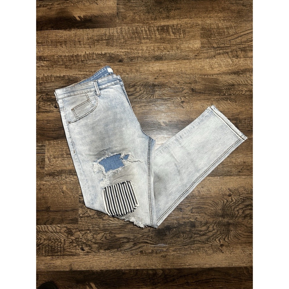 KDNK Patchwork Distressed Jeans Men's Size 38 | Moto Streetwear Denim Light Wash